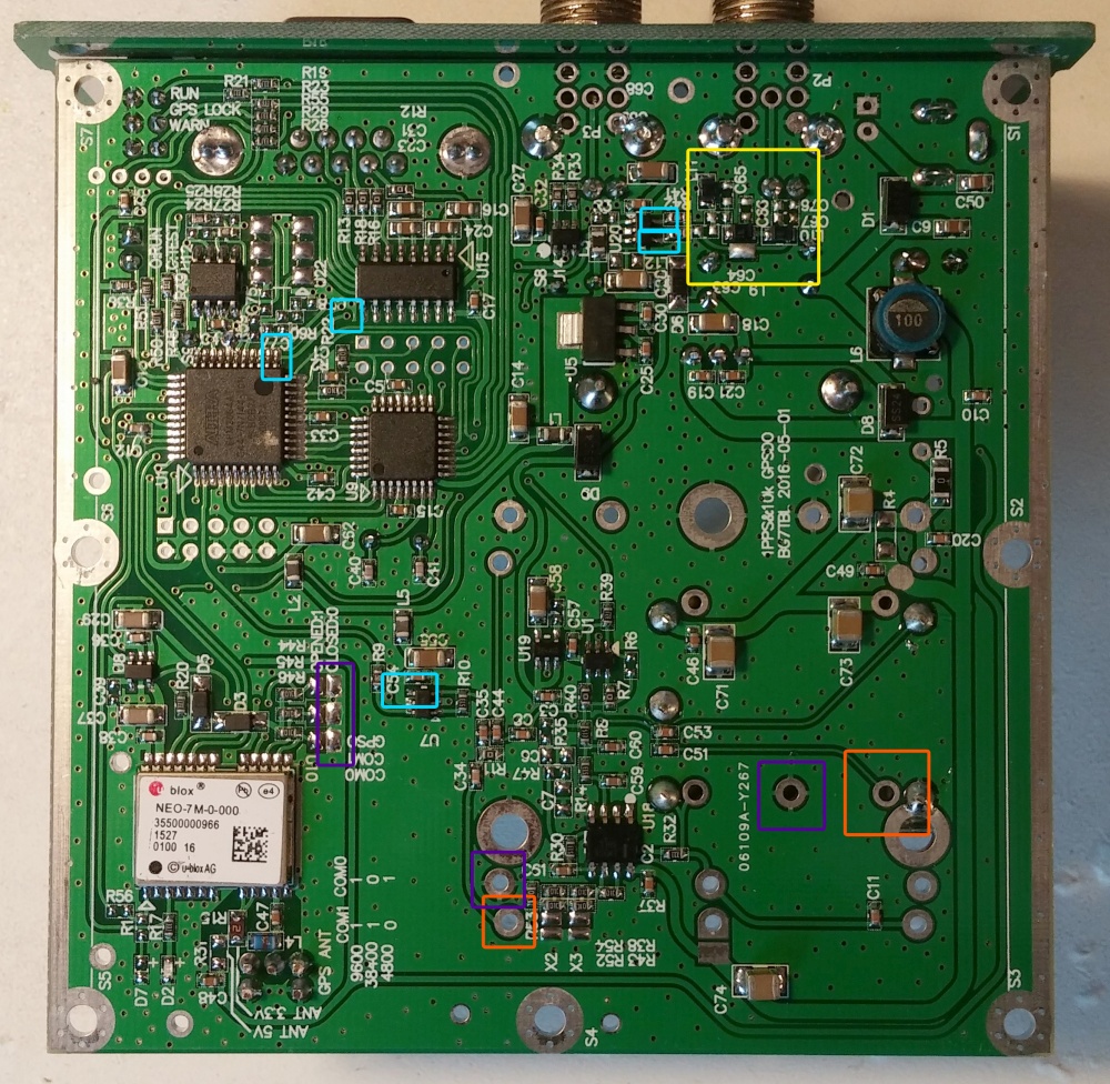 Bottom side of the GPSDO board with marked points